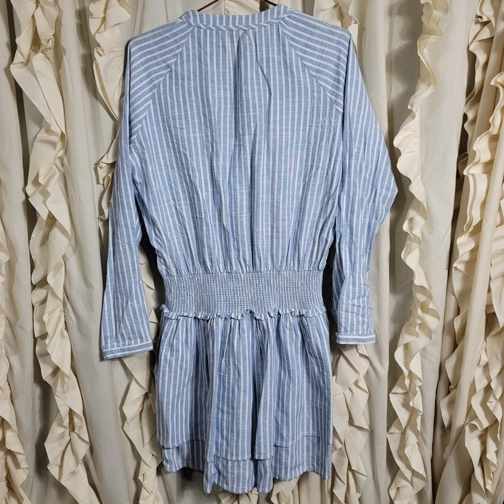 FATE Linen Blend Striped Dress Large Smocked Button Front Long Sleeves - Picture 9 of 9